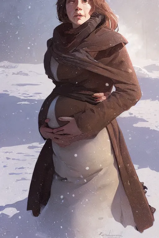 Image similar to portrait of a pregnant woman in the besieged Leningrad in winter, terror, fear, digital painting, artstation, concept art, smooth, sharp focus, illustration, art by artgerm and greg rutkowski and alphonse mucha