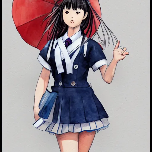 Image similar to a perfect, realistic professional digital sketch of a Japanese schoolgirl in style of Marvel, full length, by pen and watercolor, by a professional Serbian artist on ArtStation, on high-quality paper
