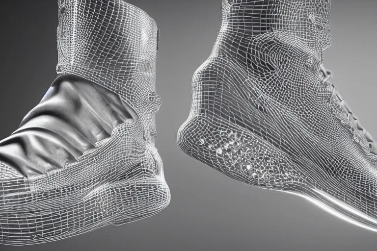 Image similar to one wire mesh hightop sneaker with neon illuminated soles on a white surface, clean 3 d render, beautiful studio lighting, soft, sharp focus, cyberpunk, intricate detail, gold filigree, art by iris van herpen and syd mead