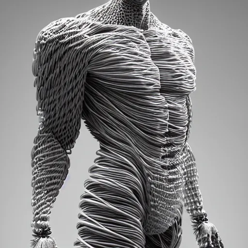 Prompt: a man made out of usb cables, full body shot, realistic shot, intricate details, ultra - realistic, atmospheric shot, expressive, artistic, trending on artstation, 4 k.