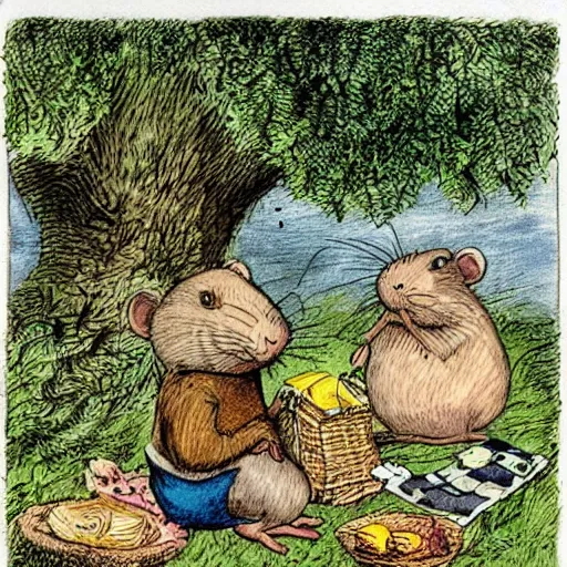 Image similar to “mole and water rat having a picnic under a tree on the river bank, coloured storybook illustration from wind in the willows, by sir John tenniel”