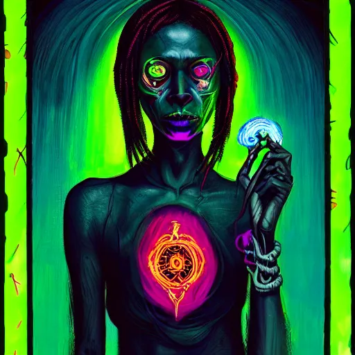 Image similar to a death tarot featuring a haitian voodoo priestess with menacing eyes, blacklight neon colors, by anton semenov and android jones in cyberpunk voodoo style, oil on canvas, 8k