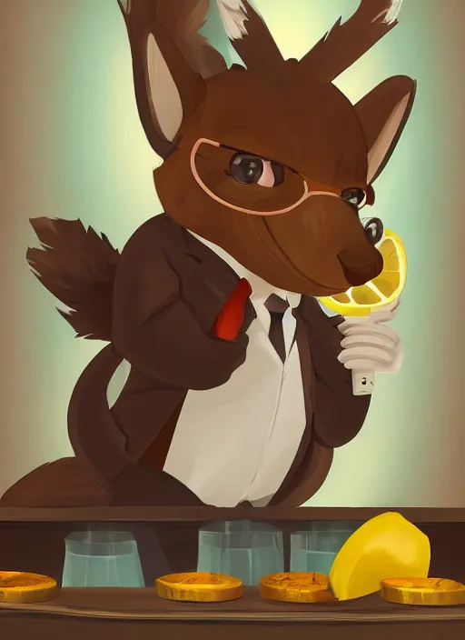 Prompt: squirrel anthro as a dapper bartender with a big fluffy tail, detailed painterly art style, 🐿🍸🍋, furaffinity, trending on artstation