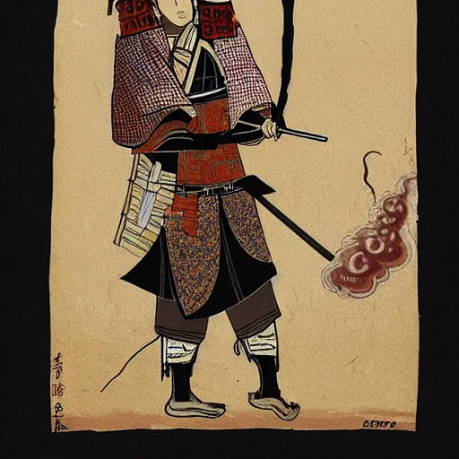 Image similar to a ancient samurai smoking a joint on a pony