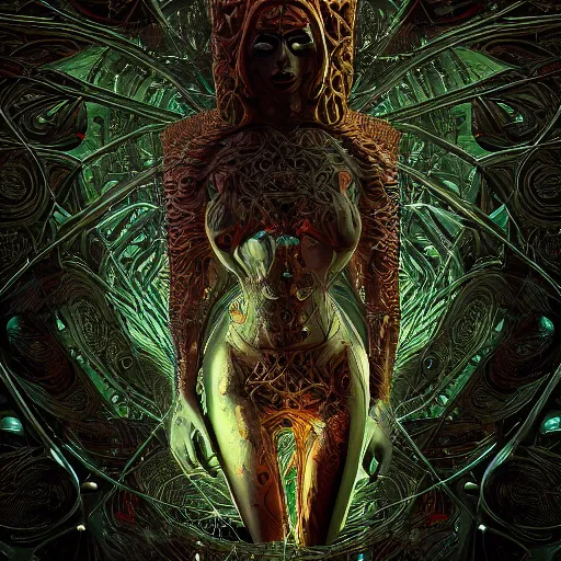 Prompt: cybernetic deity with networked mind tripping on acid, intricate detail, lovecraft, royo, whealan, giger, klimt, hd, octane render, unreal engine,