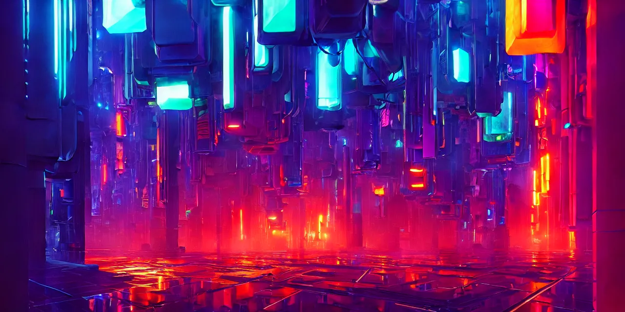 Image similar to a chain of cyberpunk colorful cubes locked and interconnected with glowing tubes, blockchain, symmetry, intricate, volumetric lighting, beautiful, rich deep colors masterpiece, sharp focus, ultra detailed, in the style of john harris