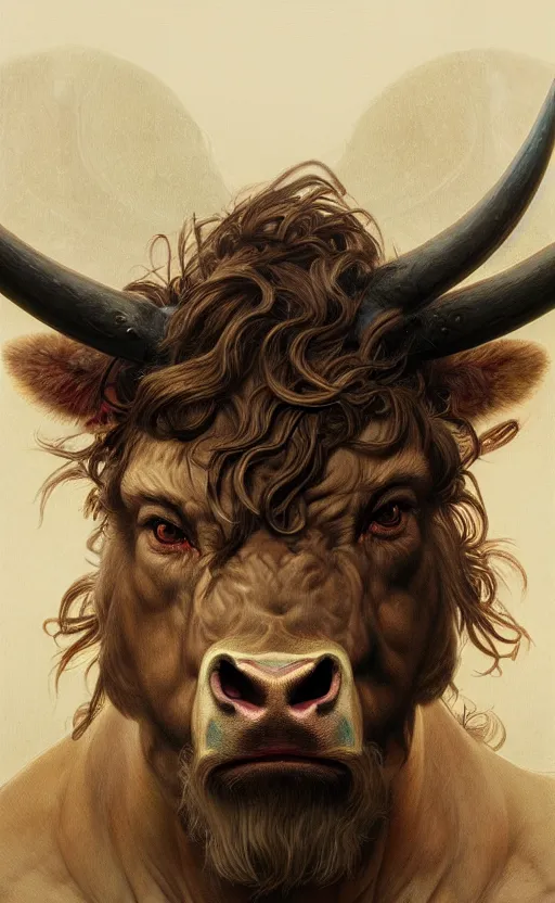 Prompt: a detailed portrait of minotaur, monster half child half bull, concept art, deep focus, intricate, highly detailed, digital painting, artstation, matte, sharp focus, illustration, art by greg rutkowski and alphonse mucha