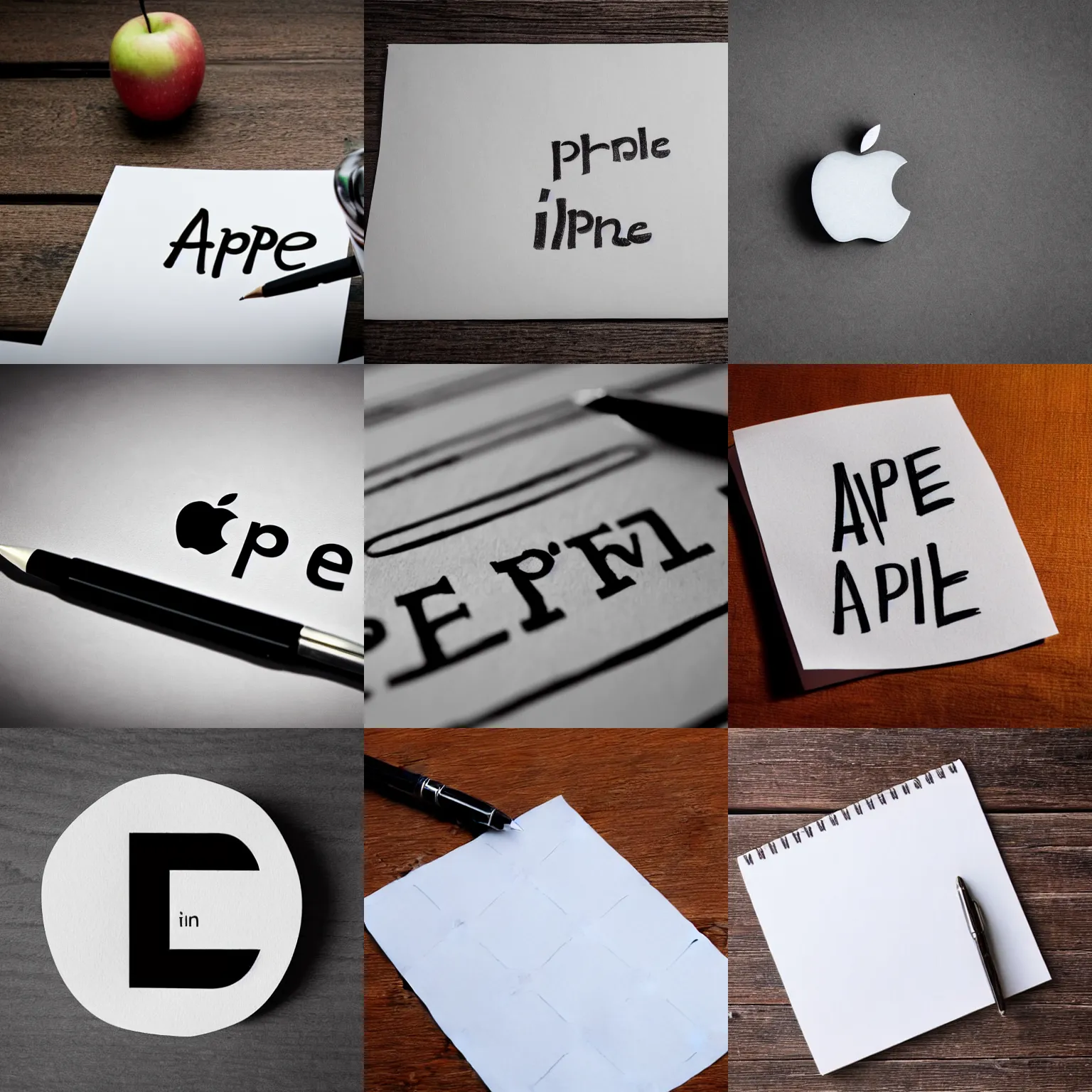 Prompt: The word APPLE written in pen on a sheet of paper, the word APPLE, typesetting, font