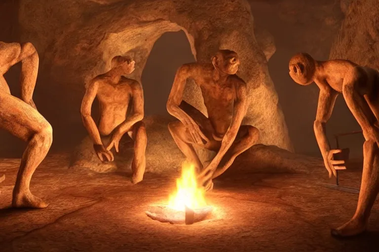 Image similar to still photo of ancient human ancestors discovering fire, highly detailed, photorealistic shot, bright studio setting, studio lighting, crisp quality and light reflections, unreal engine 5 quality render