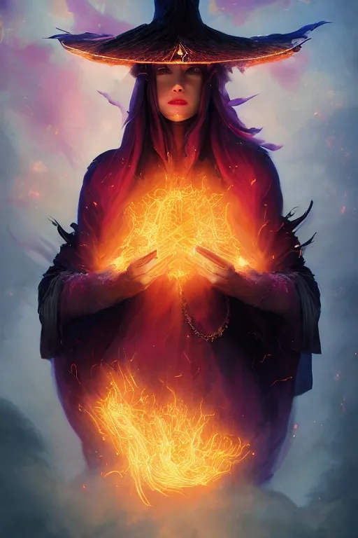 Prompt: a fancy portrait of a beautiful dark magician women wearing a great witches hat covered in colourfull flames by Greg Rutkowski, Sung Choi, Mitchell Mohrhauser, Maciej Kuciara, Johnson Ting, Maxim Verehin, Peter Konig, final fantasy , mythical, 8k photorealistic, cinematic lighting, HD, high details, atmospheric,