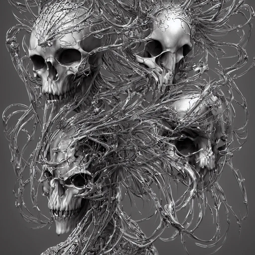 Image similar to close-up macro portrait of the face of a beautiful princess with animal skull mask, epic angle and pose ribcage skeleton, symmetrical artwork, 3d with depth of field, blurred background, cybernetic jellyfish female face skull phoenix bird, translucent, nautilus, energy flows of water and fire. a highly detailed epic cinematic concept art CG render. made in Maya, Blender and Photoshop, octane render, excellent composition, cinematic dystopian brutalist atmosphere, dynamic dramatic cinematic lighting, aesthetic, very inspirational, arthouse. y Greg Rutkowski, Ilya Kuvshinov, WLOP, Stanley Artgerm Lau, Ruan Jia and Fenghua Zhong