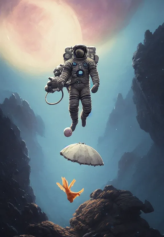 Prompt: an astronaut with a nudibranch on his face, in skyrim, stephen bliss, unreal engine, fantasy art by greg rutkowski, loish, rhads, ferdinand knab, makoto shinkai and lois van baarle, ilya kuvshinov, rossdraws, tom bagshaw, global illumination, radiant light, detailed and intricate environment