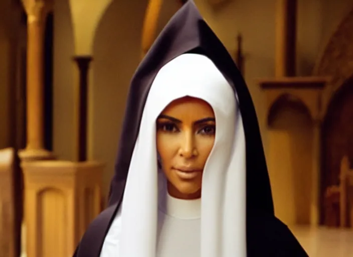 Image similar to a movie still of kim kardashian as a nun with her bust slightly showing. backround : church interior