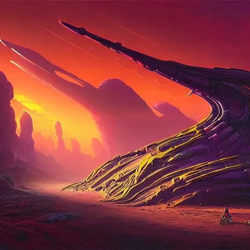 Prompt: landscape, research base on alien world, cyberpunk, sci fi, horror, highly detailed, intricate, red, purple, yellow, matte painting, by rhads and mohrbacher,