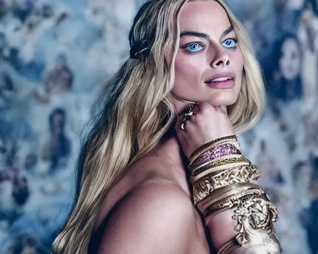 Image similar to Margot robbie as a goddess in heaven, Photography, Cinematic, Portrait, insanely detailed and intricate, hypermaximalist, elegant, ornate, hyper realistic, super detailed