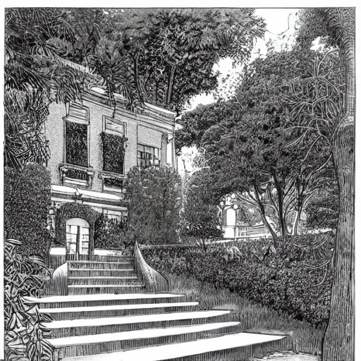 Image similar to old white house stairs into lush garden, drawing moebius