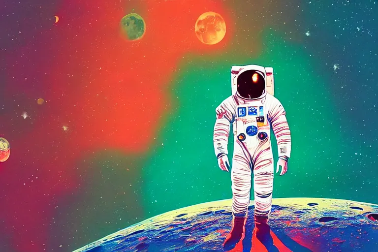 Image similar to an astronaut standing on mars in the style of flooko, acrylic art, detailed, moonlight, red lighting, bokeh, synthwave, psychedelic, glitch, neon,