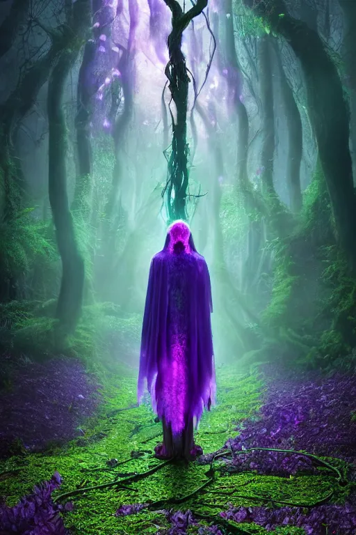 Image similar to Shaman of the purple forest, neon cloak, mycelium, fungi, vines, ultradetailed, volumetric lighting, 4k UHD, film poster.