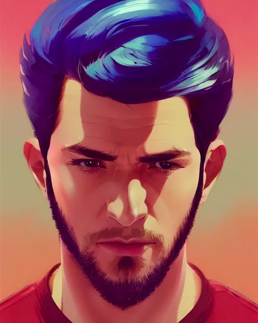 Image similar to man with a cute - fine - face, pretty face, oil slick hair, realistic shaded perfect face, extremely fine details, by realistic shaded lighting, dynamic background, poster by ilya kuvshinov katsuhiro otomo, magali villeneuve, artgerm, jeremy lipkin and michael garmash and rob rey, and silvain sarrailh