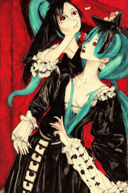 Prompt: A very soft and dark haunting oil painting of Hatsune Miku in a black ornate wedding dress, scarlet background, by Oskar Kokoschka, ethereal, evil presence, haunted painting