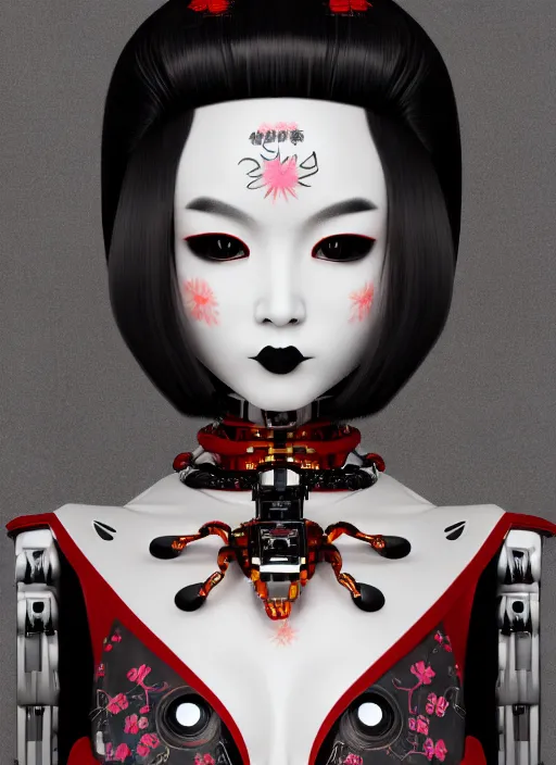 Image similar to full body portrait of a gothic style japanese robot geisha with kanji tattoos and decals wearing a digital pixelated kimono, intricate design, photo - realistic, octane render, dark colour palette, ultra fine detailed, character design, trending on artstation