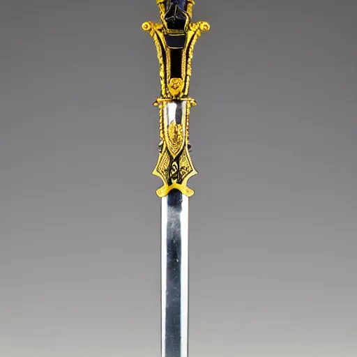 Image similar to A beautiful and realistic sword,dazzling gem in the hilt,fantasy,masterwork,good lighting