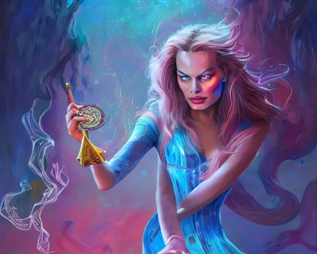 Prompt: margot robbie as a beautiful magician casting colorful spells, fantasy art, in the style of JAMES MCCARTHY, illustration, epic art, fantasy, intricate, elgant, amazing detail, digital painting, artstation, concept art, smooth, sharp focus