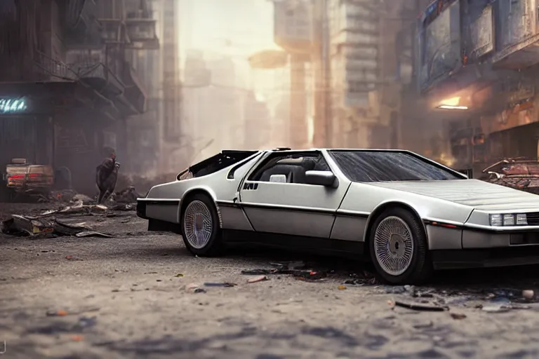 Image similar to highly detailed photorealistic rendering of a delorean parked on the streets of a cyberpunk abandoned city with the door open, futuristic post - apocalyptic vibe, by greg rutkowski and stanley artgerm and alphonse mucha, octane, sharp focus, hyperrealistic, unreal engine 5, vray, masterpiece