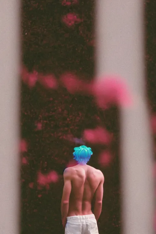 Image similar to kodak portra 4 0 0 photograph of a skinny guy looking into a otherworldly portal, flower crown, back view, vaporwave colors, grain, moody lighting, moody aesthetic,