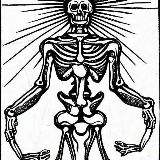 Image similar to Jesus Christ as skeleton inside an epicenter of a thermonuclear blast standing on the Earth sphere with radioactive rays to the sides