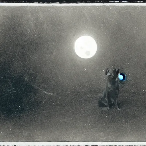 Prompt: an early 1 9 0 0 s photograph of a black dog marked by an extraterrestrial sigil, moonlight, nighttime,