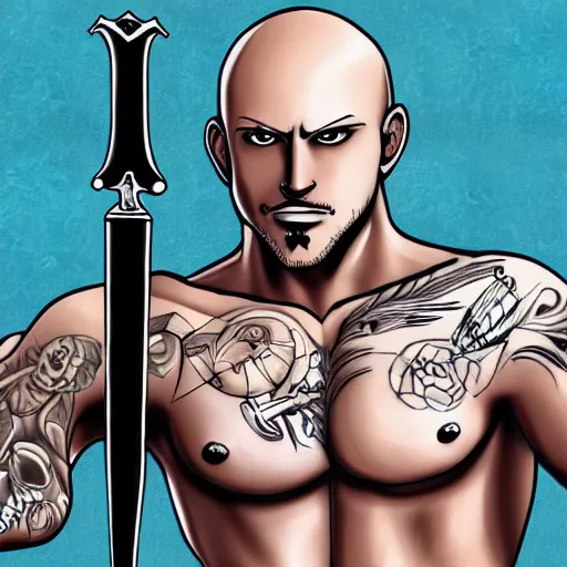 Image similar to muscular bald man, tattooed body, sword in hands, HD, anime style,