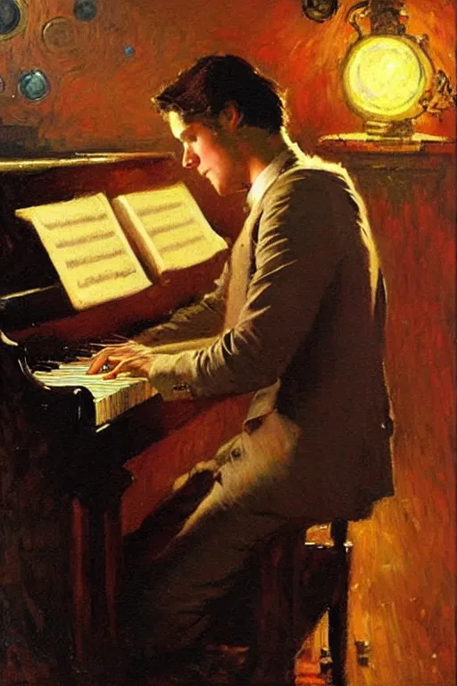 Prompt: attractive male playing piano, starry night, painting by gaston bussiere, craig mullins, j. c. leyendecker