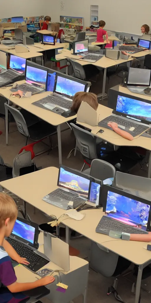 Prompt: a matte painting of the children learn programming in the computer classroom.