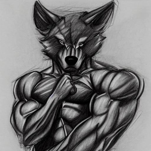 Image similar to master furry artist pencil sketch full body portrait character study of the anthro male anthropomorphic wolf fursona animal person wearing gym shorts bodybuilder at gym