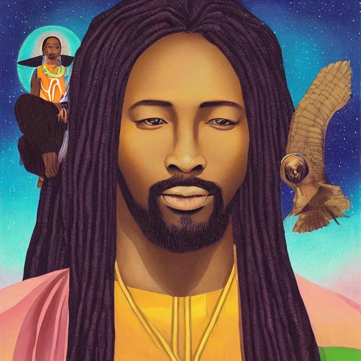 Prompt: an African Jesus and a UFO, colourful portrait painting by Hsiao-Ron Cheng,