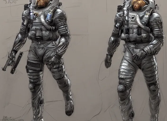 Image similar to front and back character view of Astronaut from Metal Gear Solid by Donato Giancola, Trending on artstation and pixiv clean concept art and sheet