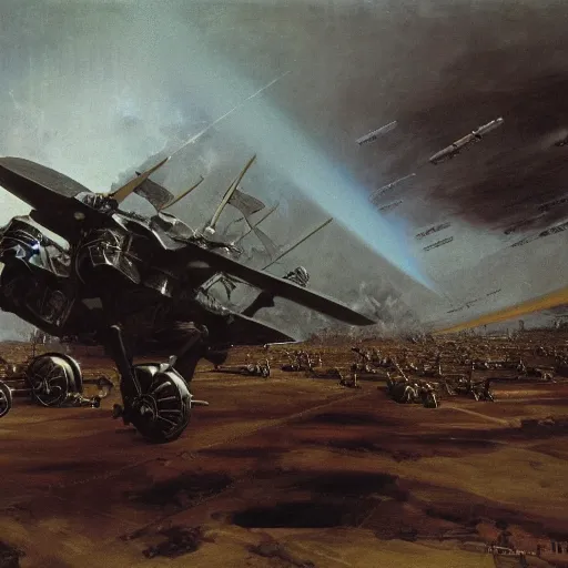 Image similar to flying machines at war, odd lighting matte oil painting by di fate and alan lee and goya