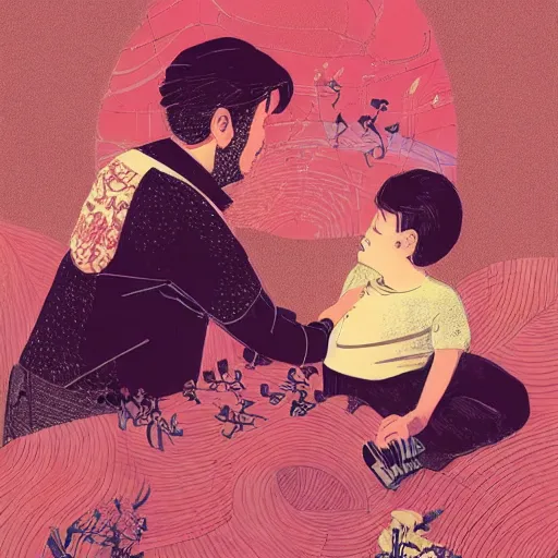 Image similar to a son imitate his father, joyful, illustration by victo ngai