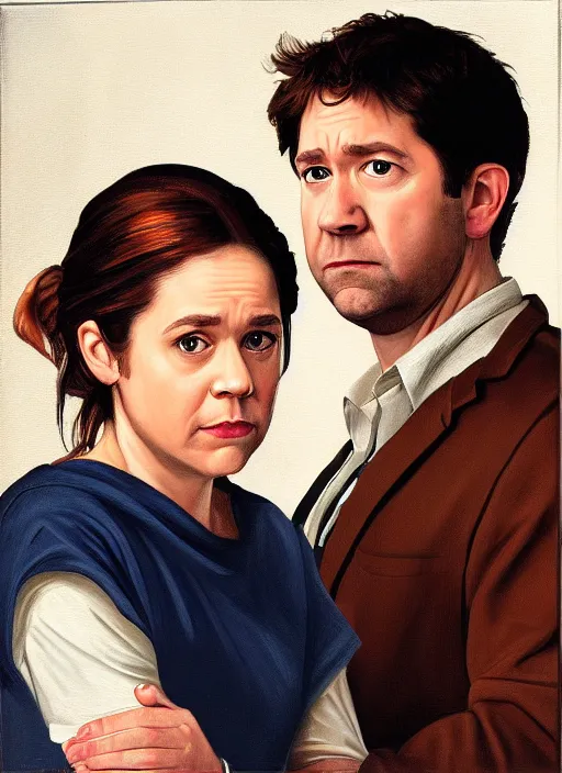 Image similar to portrait painting of jim halpert and pam beesly, dark background, in the style of caravaggio