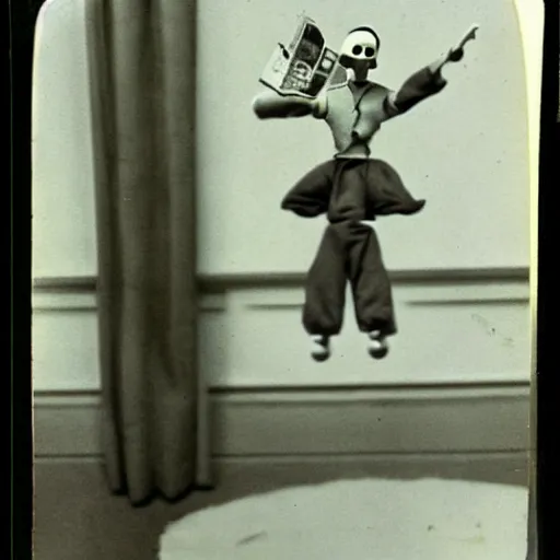 Image similar to 1 9 5 0 s, creepy marionette puppet jumping towards viewer, horror, lost photograph, forgotten, polaroid,