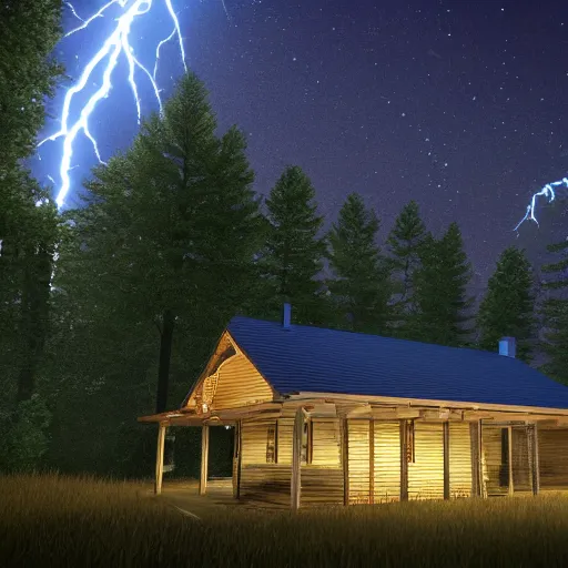 Prompt: a ultra realistic blue lightning arc over a cabin in the wood, by night. complex, highly detailed, unreal engine 5, 8 k render