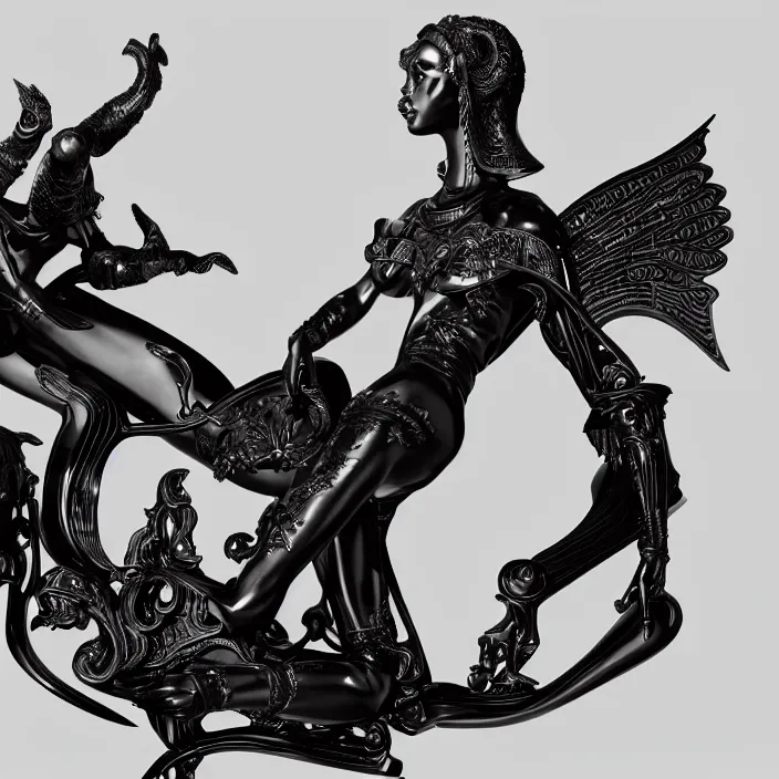 Image similar to fine art statue of masculine black egyptian god on a surrealist motorcycle, ebony art deco, carved black marble, inlaid with ebony and gold accents, ebony rococo, wings black lace wear, sculpted by spider zero, zaha hadid, beautifully lit, hyper detailed, intricate, elite, ornate, photorealistic, micro details, 3 d sculpture, ray trace