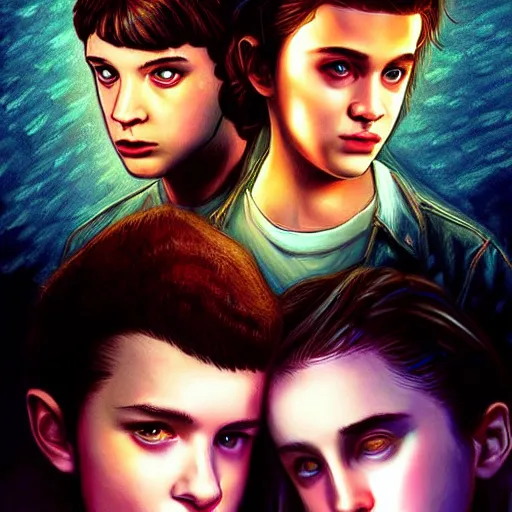 Prompt: Twilight version of Stranger Things, Portrait of Edward and Bella, photorealistic, dramatic lighting, soft, sharp focus, highly detailed, digital painting