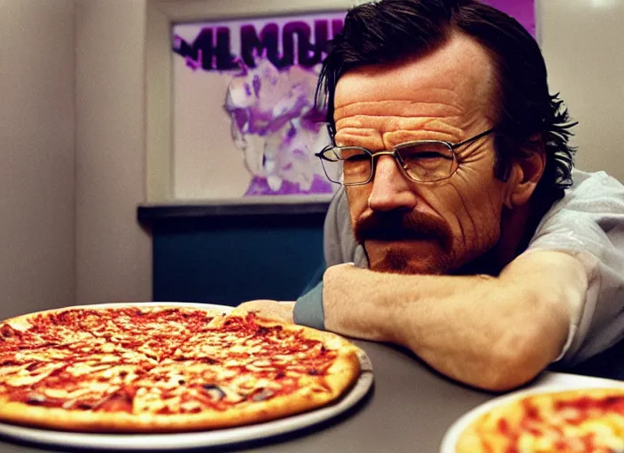 Image similar to cinematic portrait of walter white eating pizza at chuck - e - cheese, with sloppy cheesy sauce getting slopped up all over the place, dramatic lighting, moody film still from breaking bad ( 2 0 1 6 ), 3 5 mm kodak color stock, detailed face, 2 4 mm lens, directed by spike jonze, ecktochrome