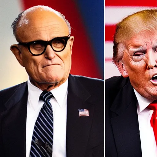 Image similar to news still of a drunk rudy giuliani and donald trump, 4 k, professional