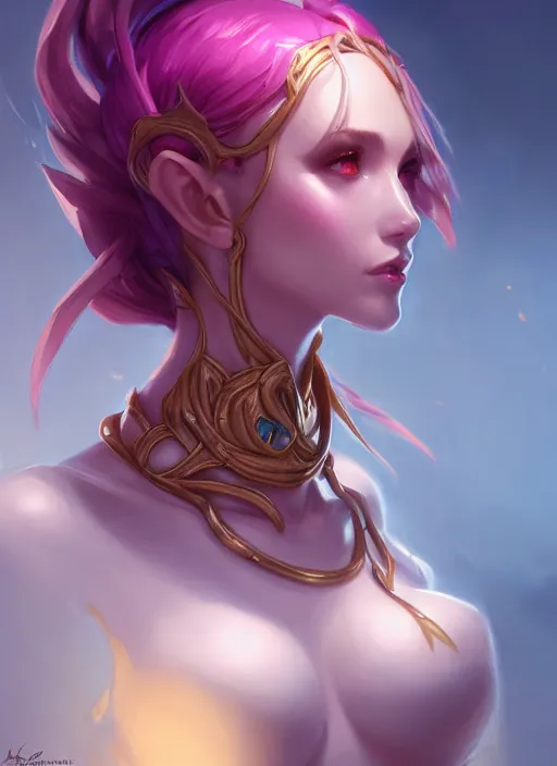 Image similar to zyra, wide angle view, white, black, blue, pink, gold, highly detailed, artgerm, cushart krenz, trending on artstation, soft light, sharp edges, illustration, character design, concept art