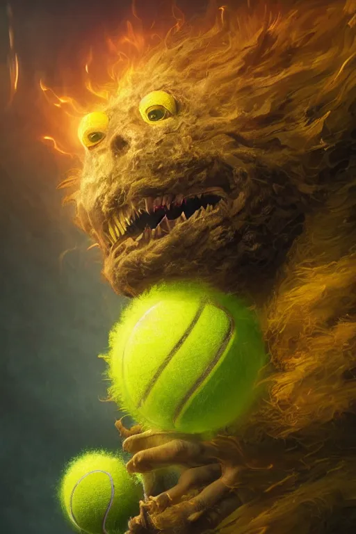 Image similar to portrait of tennis ball monster wielding a tennis racket, visible aura of madness distorting the surroundings, occult details, greg rutkowski style, high quality, 8 k,