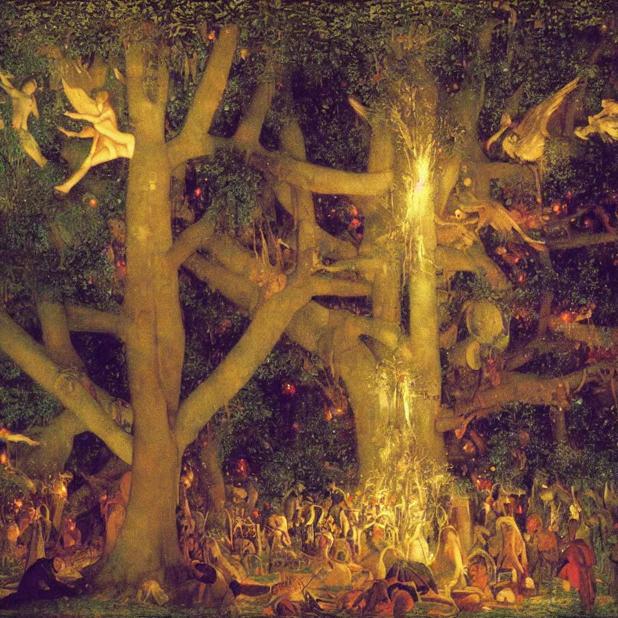 Image similar to closeup of a night carnival inside a tree cavity in a magical forest in the middle of a summer storm, with a music scenario with many fireworks and christmas lights, volumetric lightning, instense god rays in the sky, folklore people disguised with fantastic creatures in a magical forest by summer night, masterpiece painted by pierre puvis de chavannes, very coherent and contrast masterpiece,