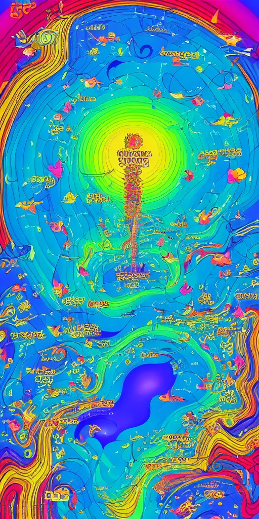 Image similar to infographic of a heavenly realm split into regions with population information and statistics in the style of a three dimensional hologram highly detailed digital saturated colors full color inked drawn by wlop and bob ross and lisa frank